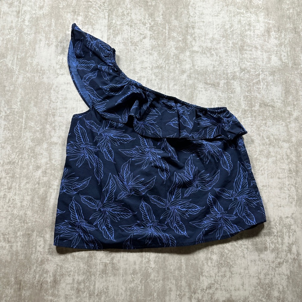 Banana Republic Top Women S Blue Floral Leaf One Shoulder Ruffle Cotton Blouse